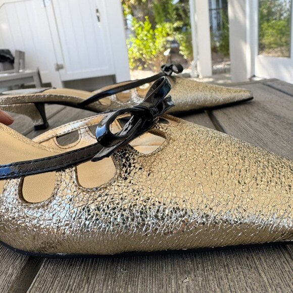 New Jeffrey Campbell Solitude Pointed Kitten Heels Mules Gold Black Womens 6.5 - Picture 6 of 16